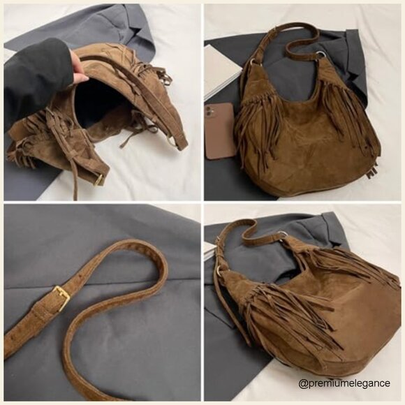 Vintage Suede Fringe Hobo Bag Crossbody Tote Adjustable Strap Large Capacity - Picture 6 of 7